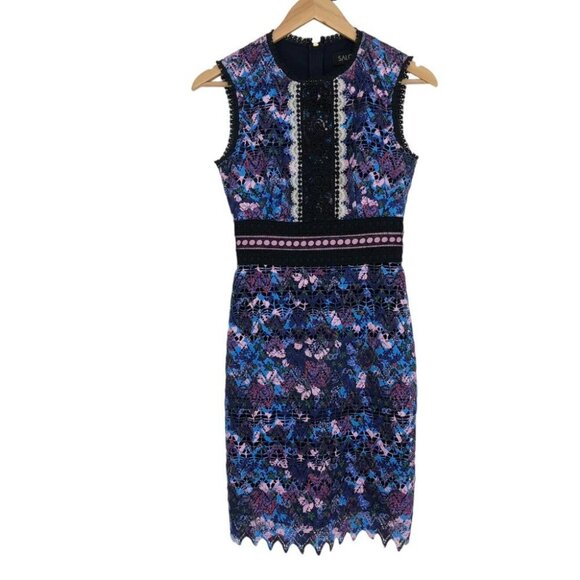 SALONI Trudi Sleeveless Chevron Lace Sleeveless Cocktail Dress Blue Multicolor 0 - Picture 2 of 16
